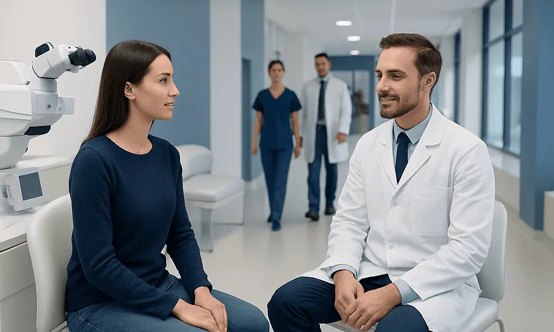 Ophthalmologist consulting with patient in a modern clinic setting.