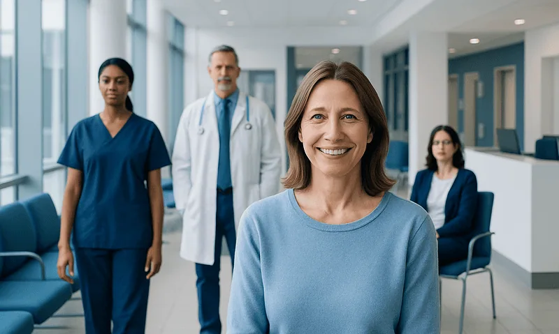 Smiling woman patient with healthcare team at Acibadem Hospital.