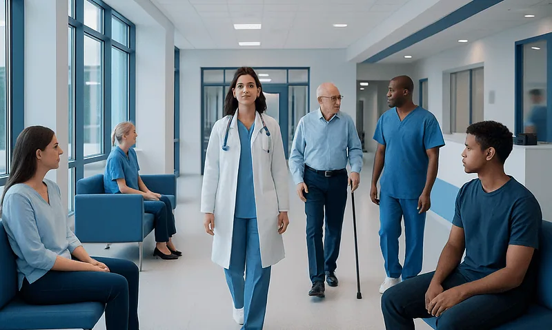 Medical team and patients in a modern hospital corridor.