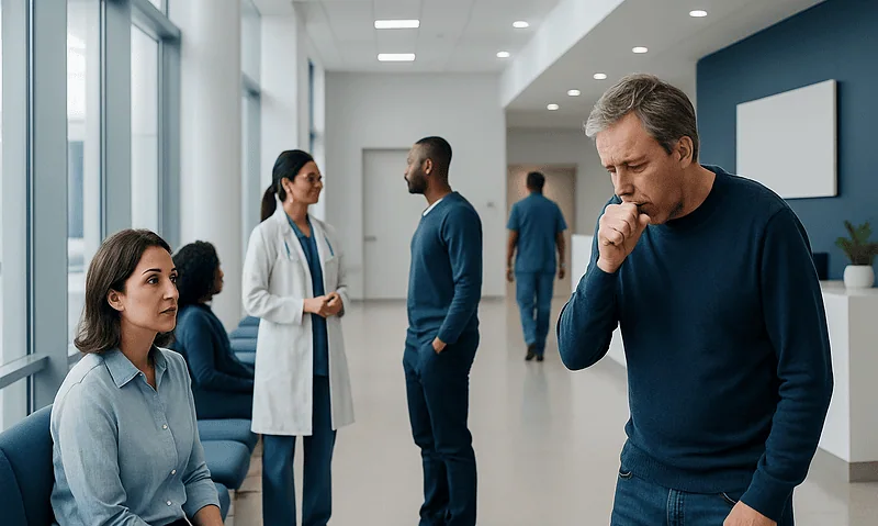 Patient experiencing cough in a hospital waiting area with medical staff nearby.