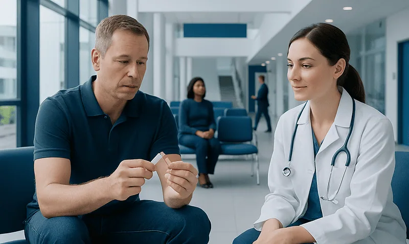 Smoking Cessation: A Complete Medical Overview 17 Doctor consulting with patient in hospital waiting area.