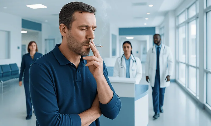 Man smoking cigarette in hospital corridor with medical staff in background.