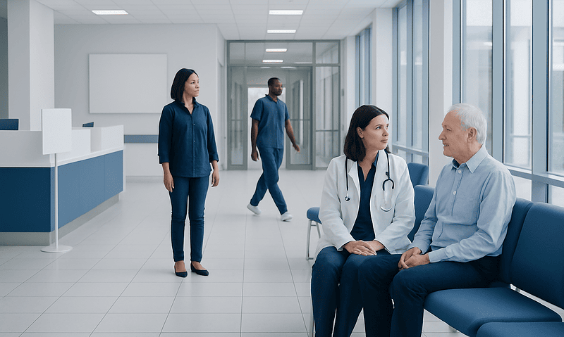 Medical professionals consulting with a patient in a hospital corridor.