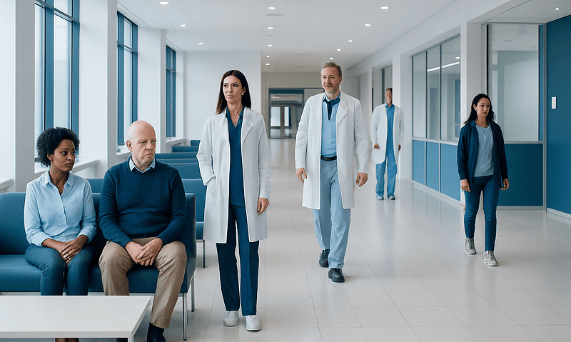 Diverse medical team in hospital corridor at Acibadem Hospitals Group.
