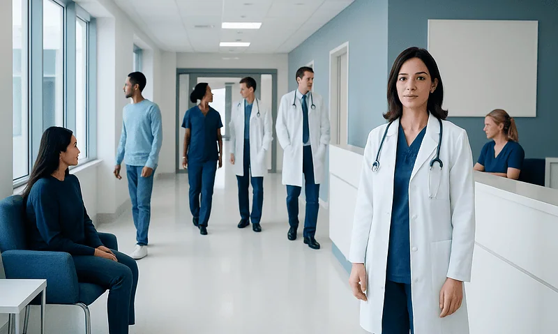 Medical team and patients in a modern hospital corridor.