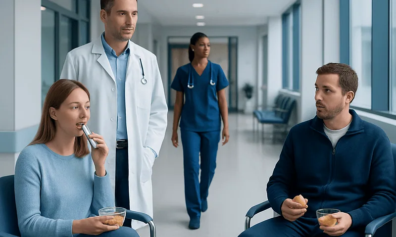 Medical professionals and patients in a hospital corridor at Acibadem Hospitals Group.