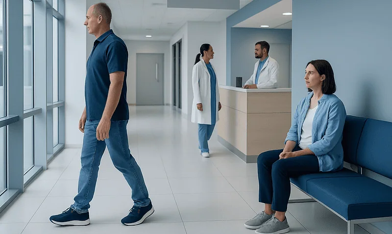 Patients waiting in a hospital corridor with medical staff in the background.