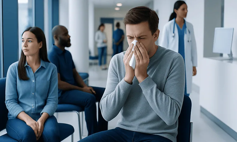 Sneezing a lot: Common Causes, Warning Signs, and When to Worry 14 Young man sneezing into tissue in hospital waiting area.