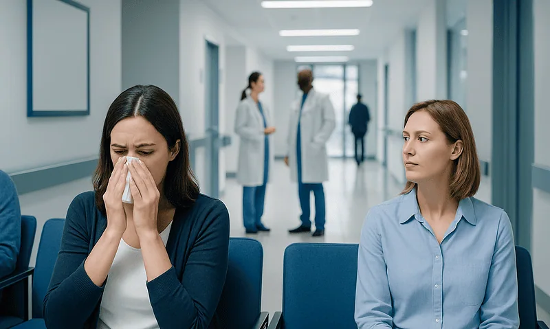 Sniffles: What Patients Need to Know 1 Patient with cold symptoms in a hospital waiting area at Acibadem Hospitals Group.
