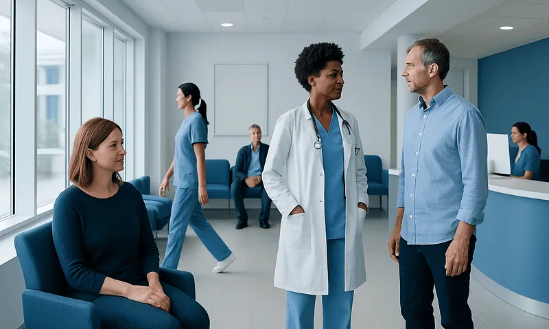 Medical consultation in a modern hospital waiting area with healthcare professionals and patients.
