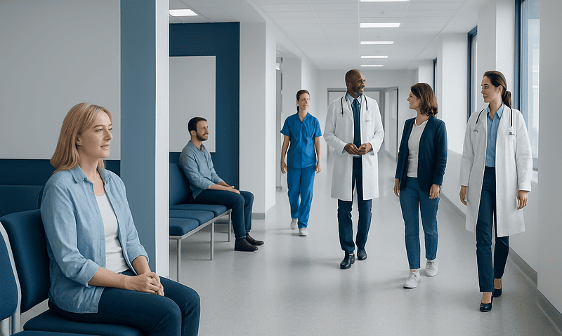 Medical team and patients in a modern hospital corridor.