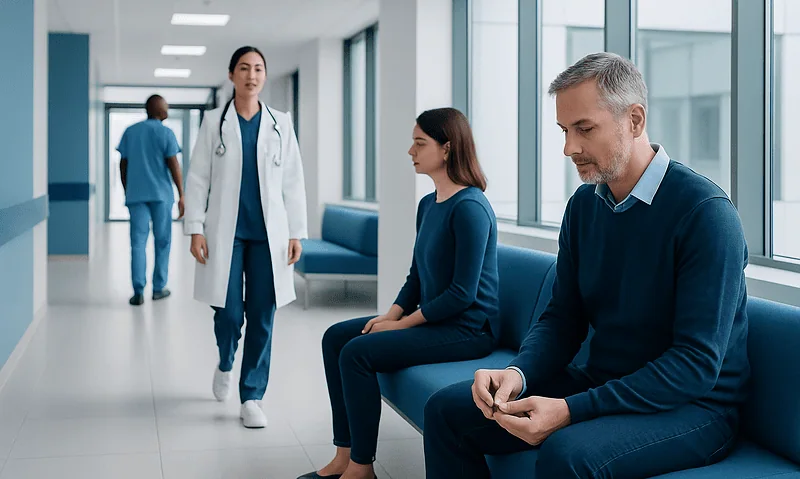 Patients waiting in a hospital corridor with medical staff nearby.