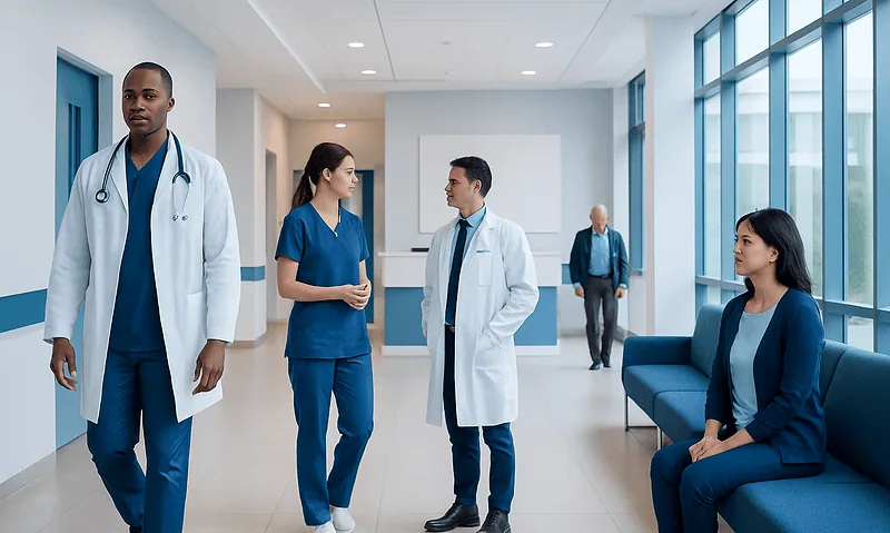 Medical team in hospital corridor with large windows and seating area.