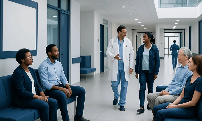 Medical team discussing patient care in hospital corridor.