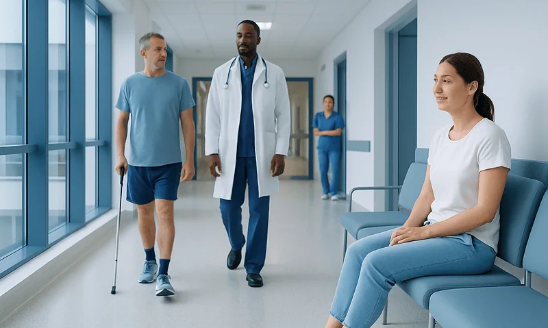 Patient with cane walking in hospital corridor with medical staff and waiting patient.