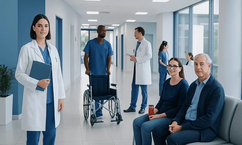 Medical professionals and patients in a modern hospital corridor.