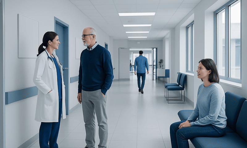 Doctor talking to an elderly patient in hospital corridor.