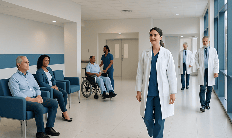 Healthcare professionals and patients in a modern hospital corridor.