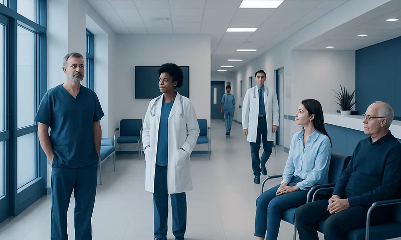 Medical team in hospital corridor discussing patient care.