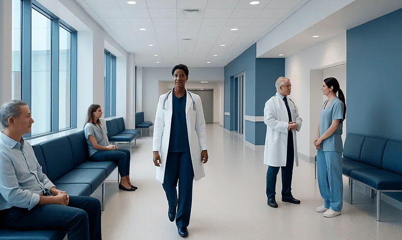 Healthcare professionals and patients in a modern hospital corridor.