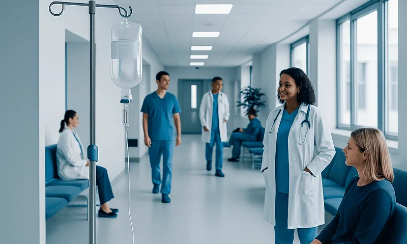 Healthcare professionals and patients in a hospital corridor with IV drip stand.