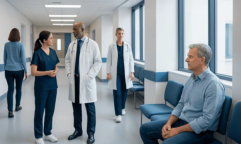 Medical team consulting with patient in hospital corridor.