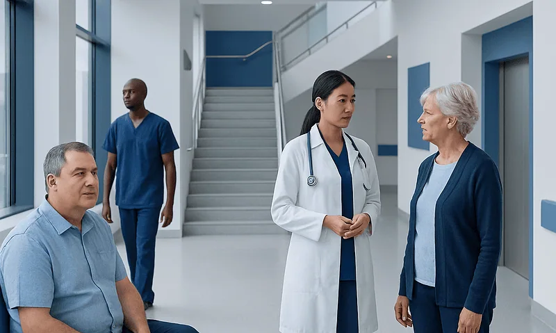 Sodium Blood Test: What Low and High Levels Mean — and What to Do Next 3 Medical staff consulting with elderly patient in hospital corridor.
