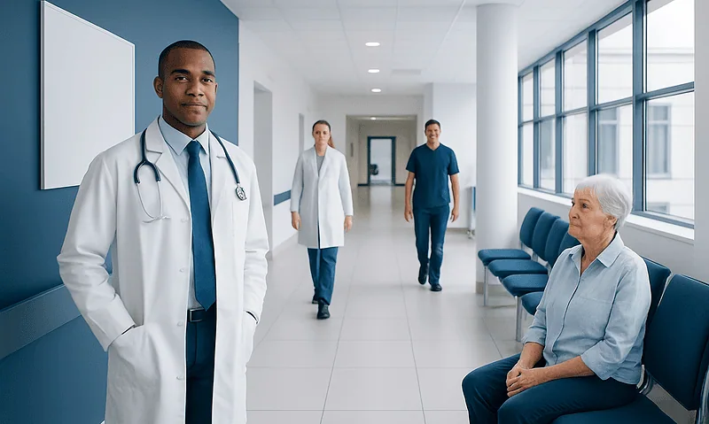 Medical team with patient in hospital corridor at Acibadem Hospitals Group.