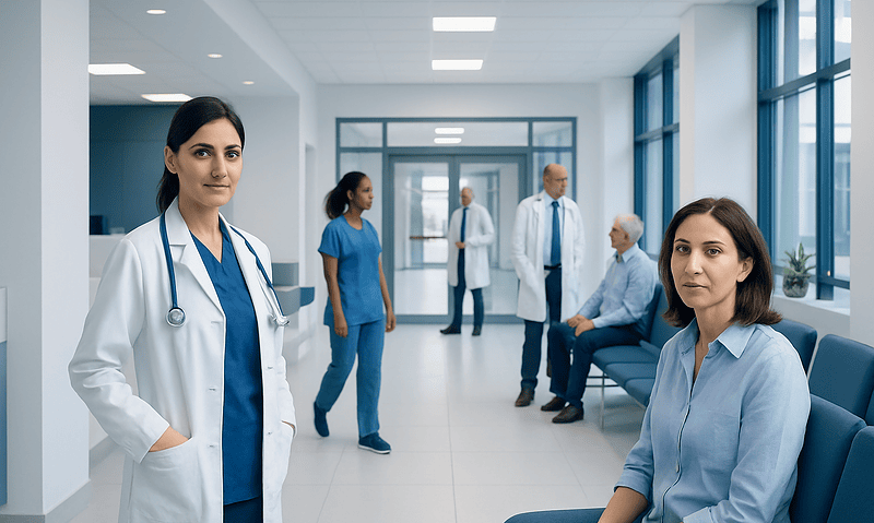 Medical professionals and patients in a modern hospital corridor.