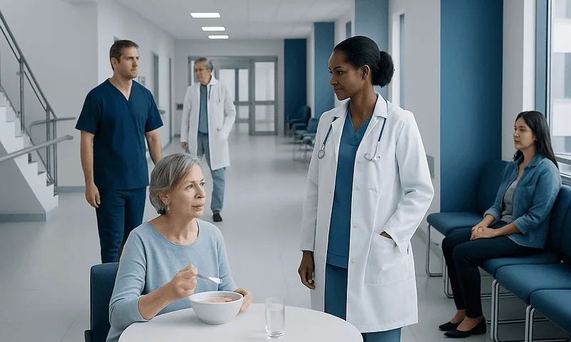 Healthcare professionals and patient in a hospital corridor.