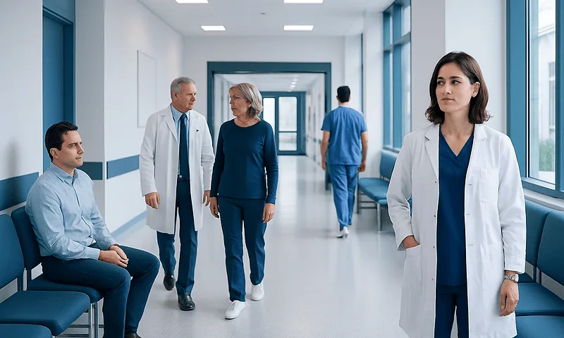 Medical professionals and patients in a hospital corridor at Acibadem Hospitals Group.