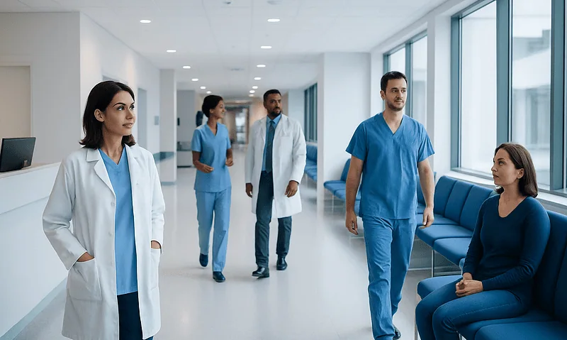 Medical team in hospital corridor with patient in waiting area.