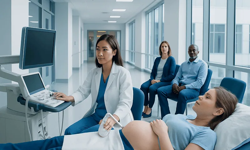 Medical ultrasound examination in a hospital setting with a patient and healthcare professionals.