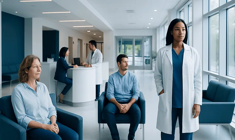 Medical professionals and patients in a modern hospital waiting area.