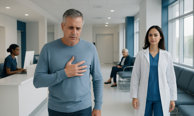 Man experiencing chest pain in a hospital corridor with medical staff nearby.