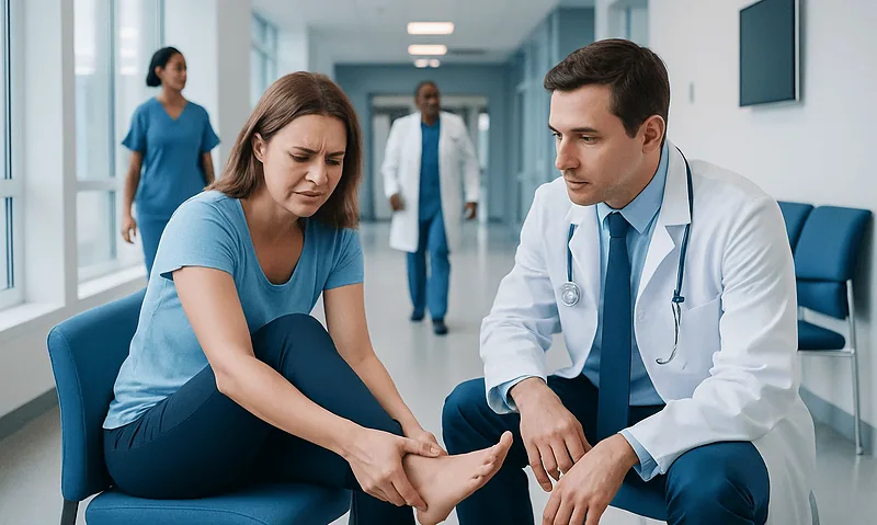 Doctor examining patient's foot in hospital corridor.