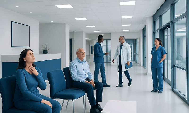 Hospital waiting area with patients and medical staff at Acibadem Hospitals Group.