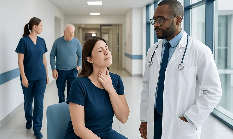 Patient experiencing sore throat during medical consultation at hospital.