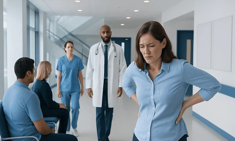 Woman experiencing back pain in a hospital corridor with medical staff nearby.