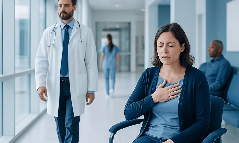 Patient experiencing chest discomfort in hospital corridor with doctor nearby.