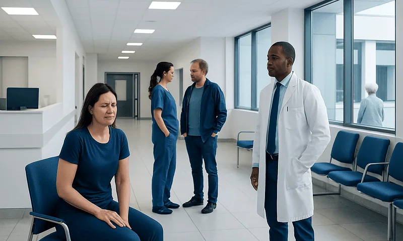 Patient experiencing soreness in a hospital waiting area with medical staff nearby.
