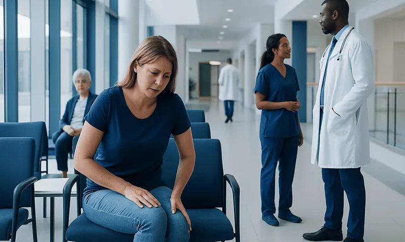 Soreness in thigh above knee: Common Causes, Warning Signs, and When to Worry 18 Patient experiencing thigh pain in a hospital waiting area.