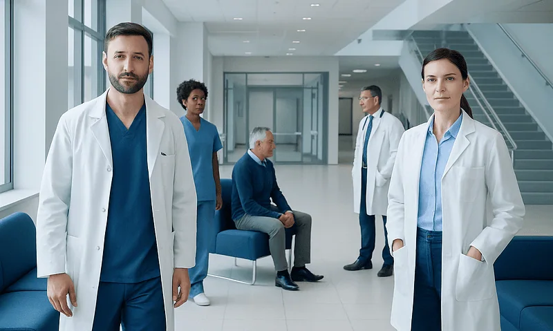 Medical team in hospital lobby with doctors and patient seating area.
