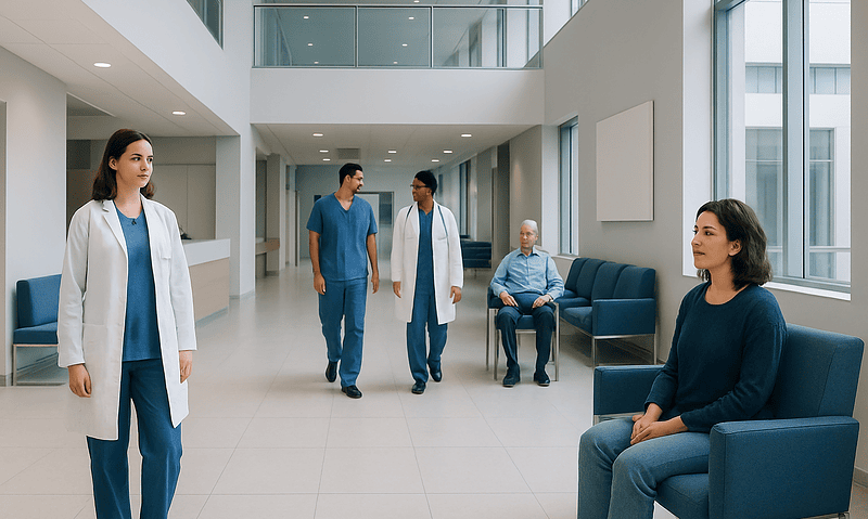 Modern hospital lobby with medical staff and patient seating area.