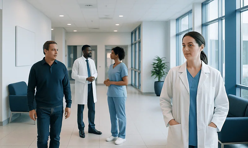 Medical professionals and a patient in a modern hospital corridor.