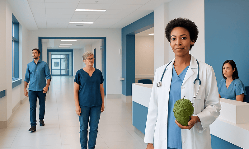 Healthcare professionals and patients in a modern hospital corridor.