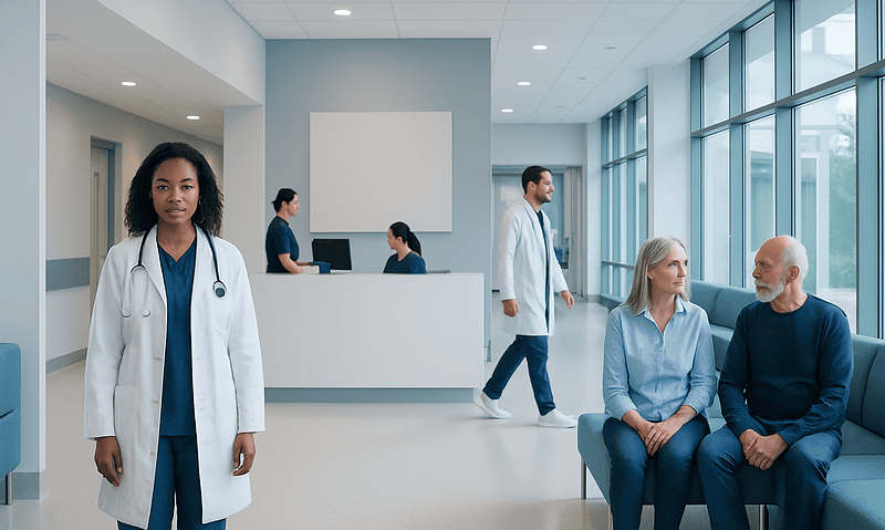 Diverse medical team and patients in a modern hospital lobby.