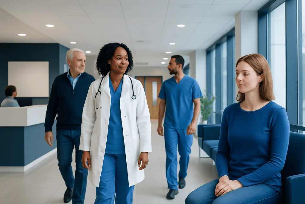 Soy Free Products: What Patients Need to Know 1 Healthcare professionals and patient in a modern hospital corridor.
