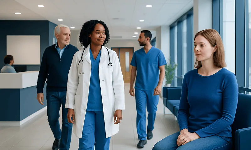 Healthcare professionals and patient in a modern hospital corridor.