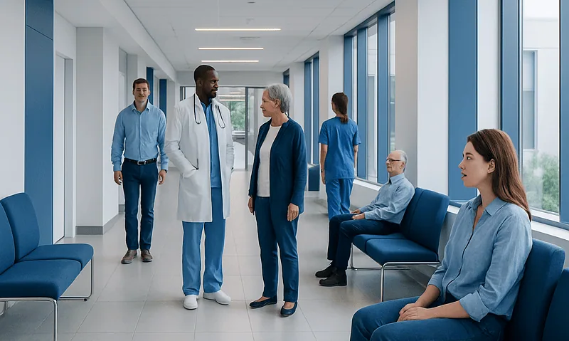 Medical team consulting in hospital corridor with patients and staff.